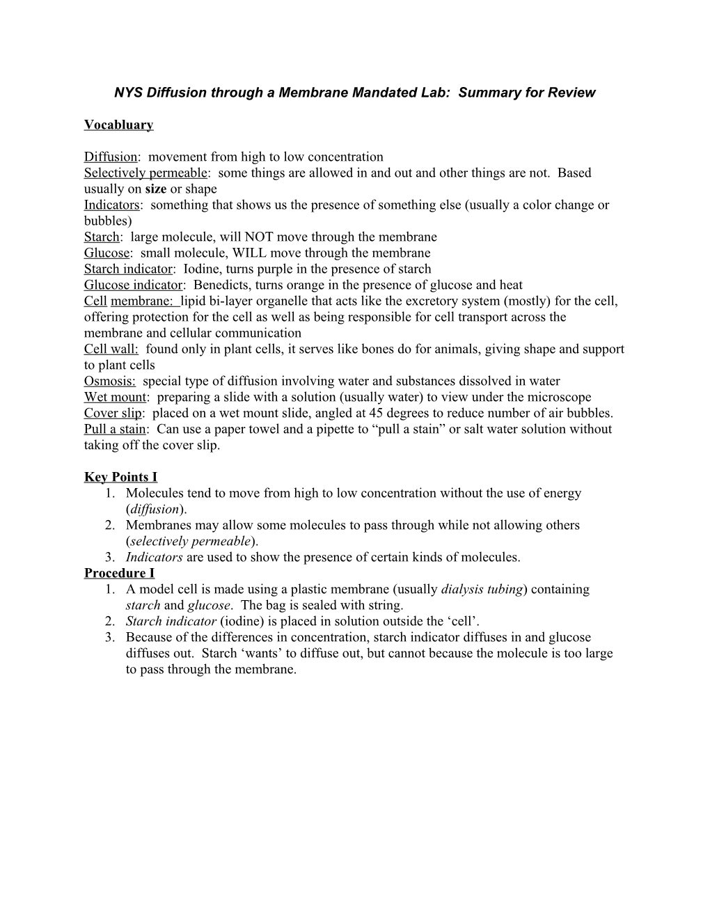 NYS Diffusion Through a Membrane Mandated Lab: Summary for Review