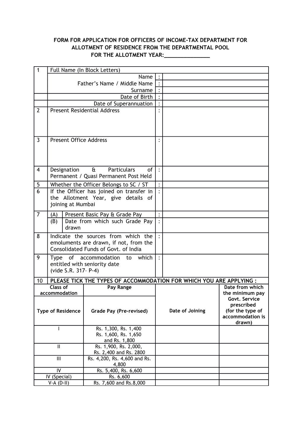 Form for Application for Officers of Income-Tax Department For