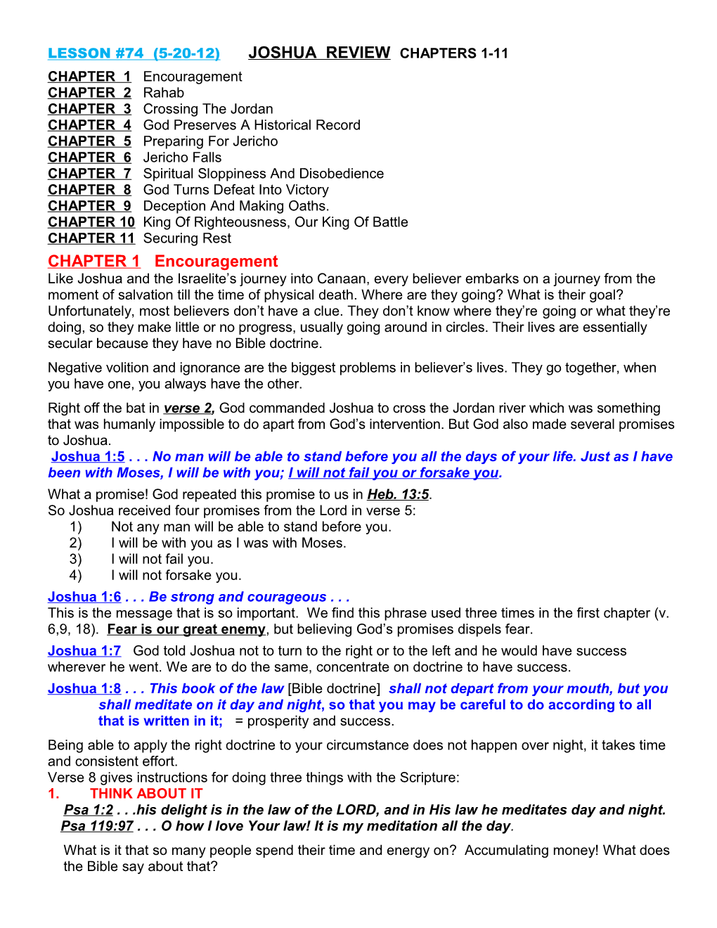 Lesson #74 (5-20-12) Joshua Review Chapters 1-11