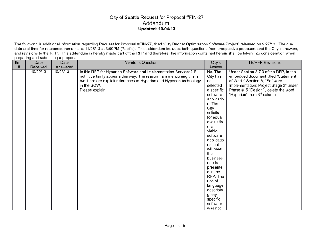 City of Seattle Request for Proposal #FIN-27