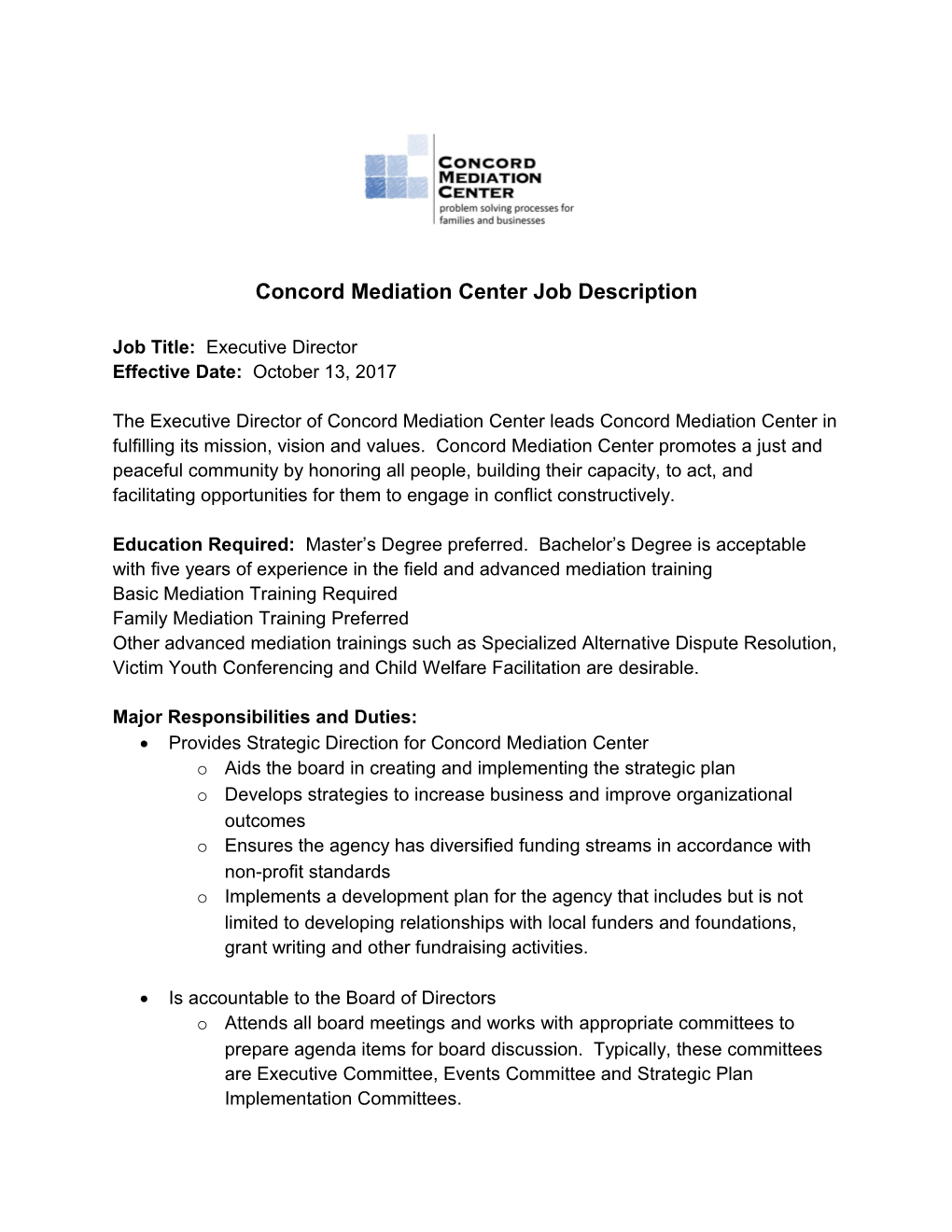 Concord Mediation Center Job Description