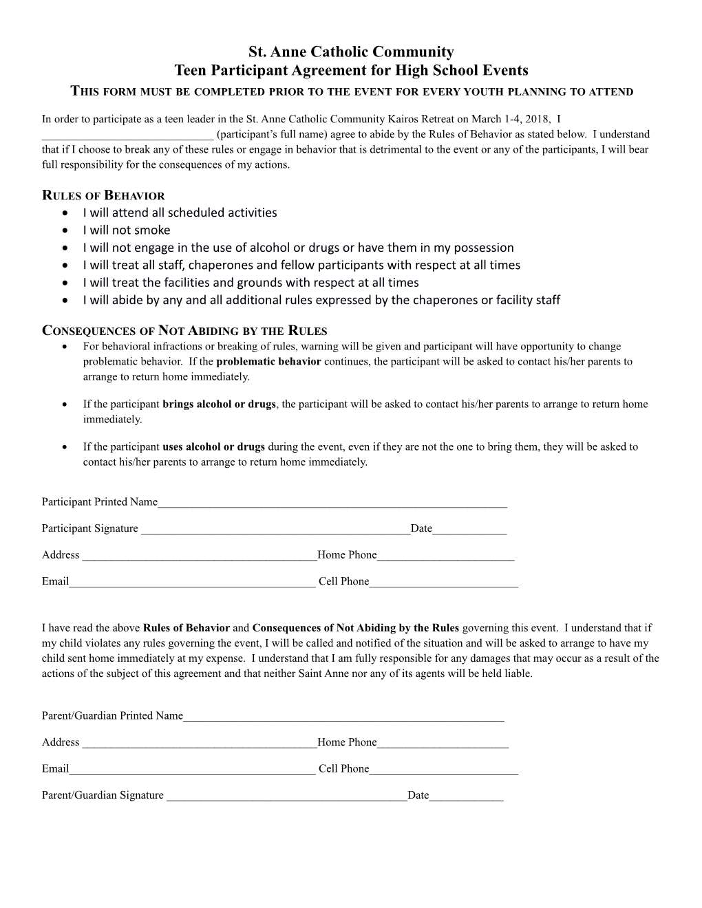 Teen Participant Agreement for High School Events