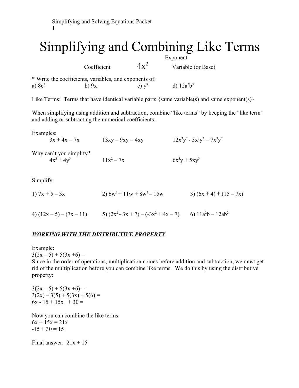 Simplifying And Combining Like Terms