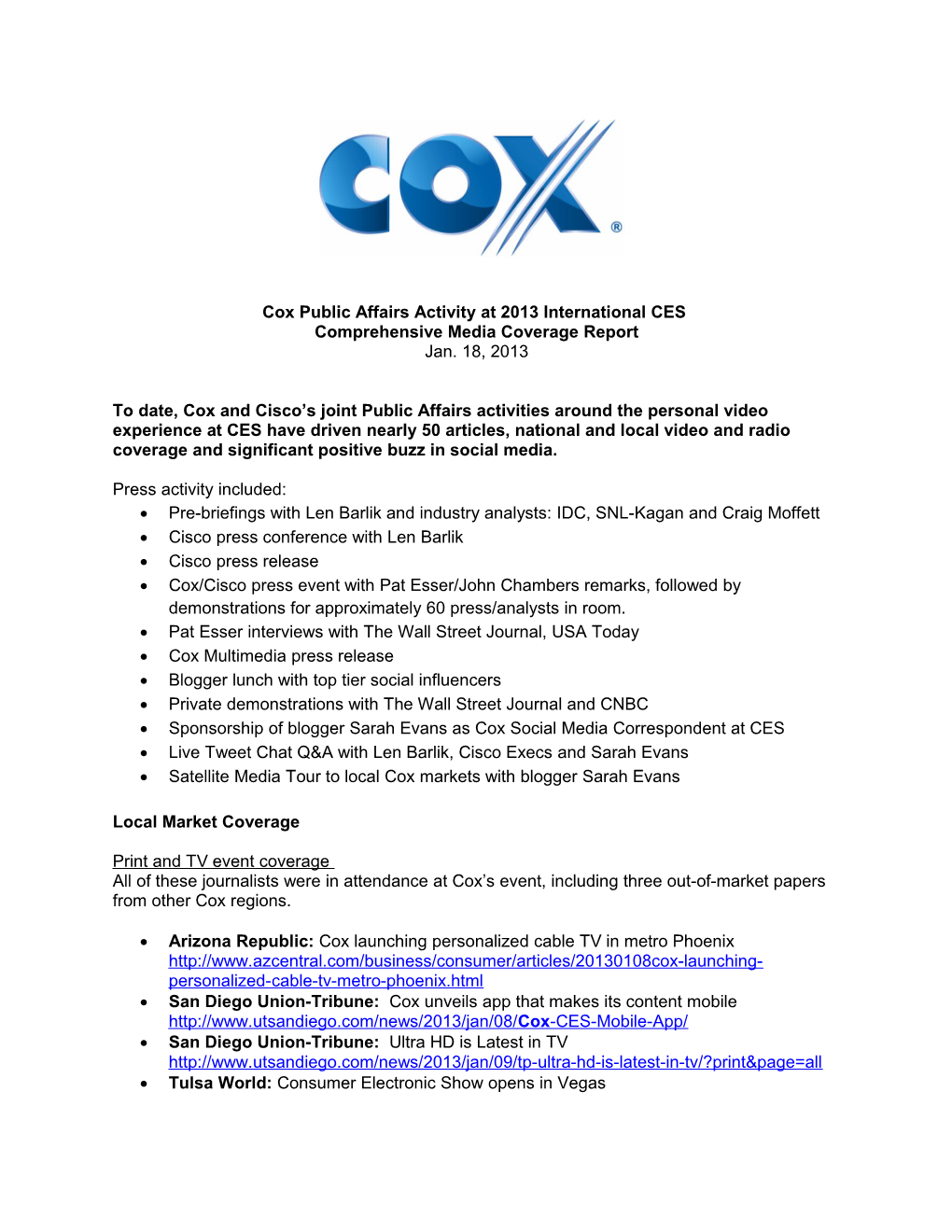 Cox Public Affairs Activity at 2013 International CES