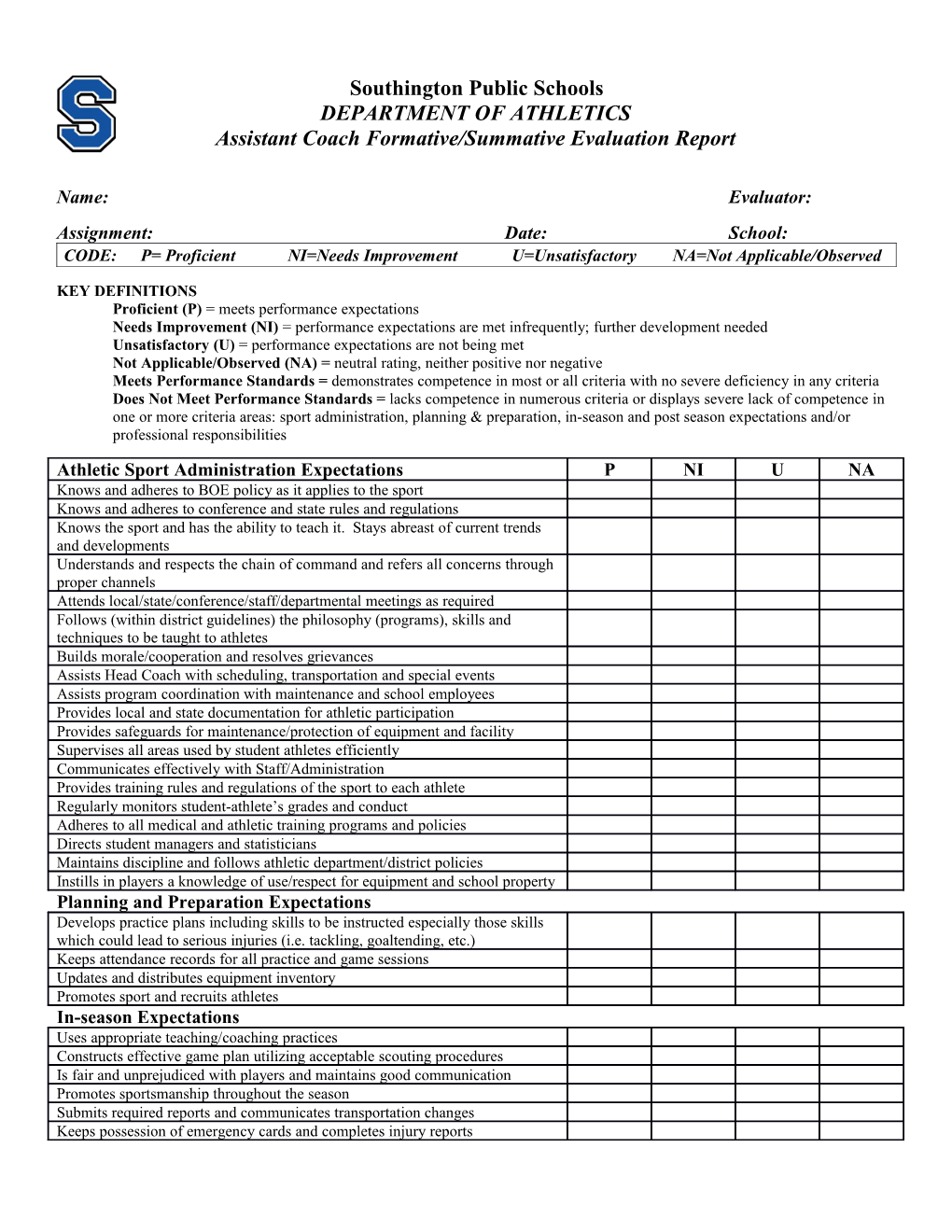 Assistant Coach Formative/Summative Evaluation Report