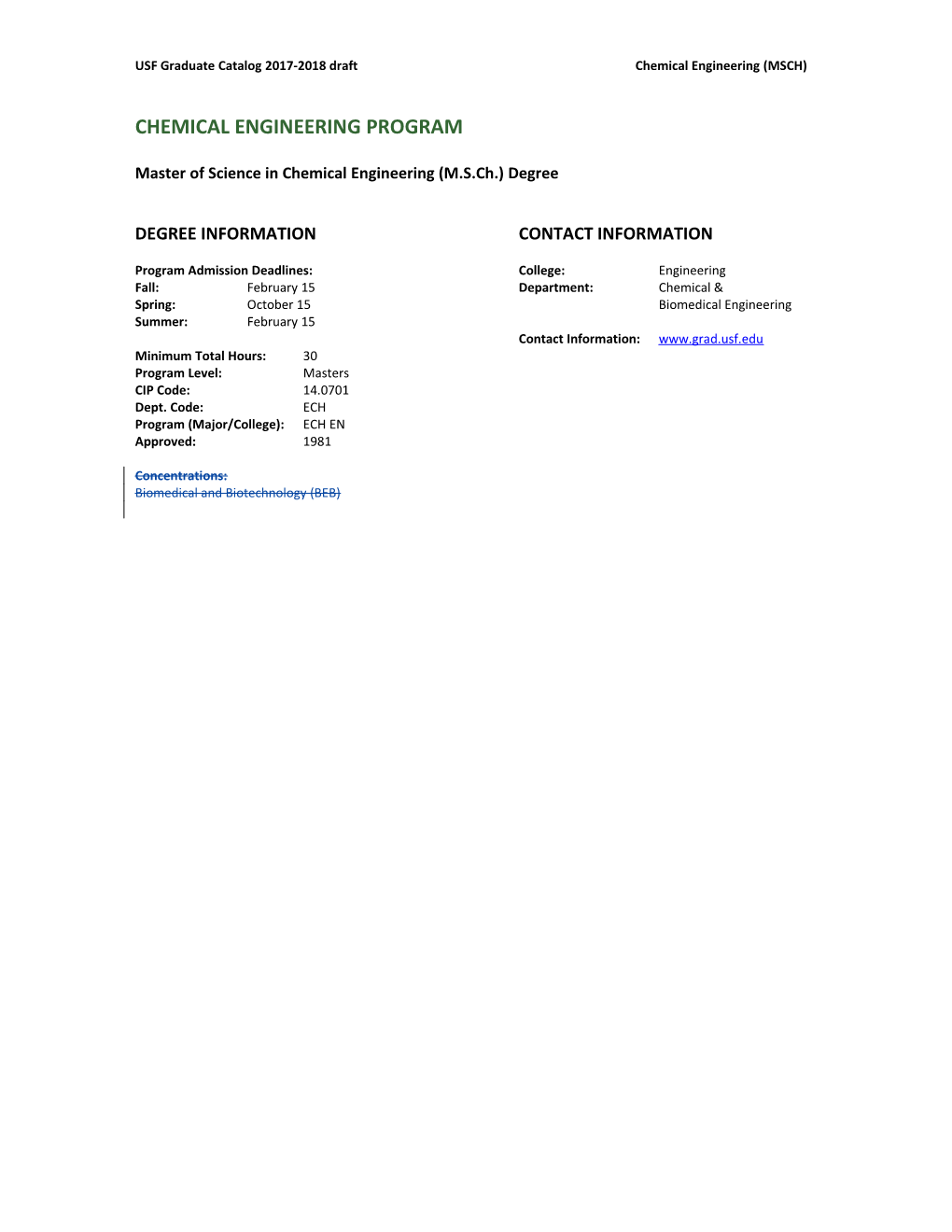 USF Graduate Catalog 2017-2018 Draftchemical Engineering (MSCH)
