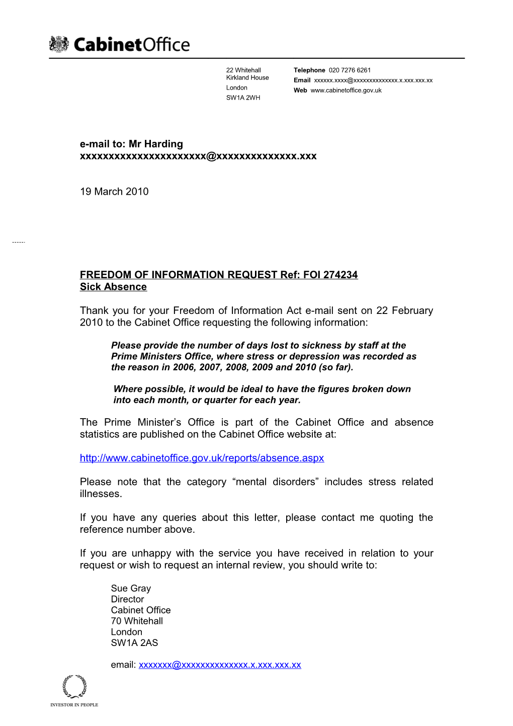 FREEDOM of INFORMATION REQUEST Ref: FOI 274234