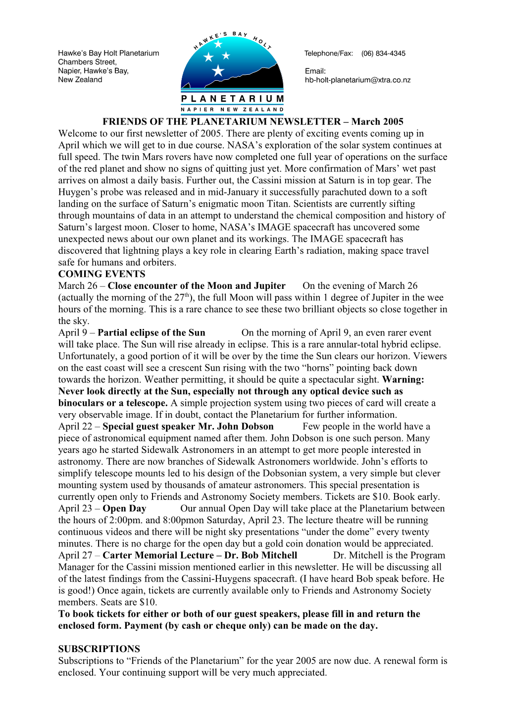 FRIENDS of the PLANETARIUM NEWSLETTER March 2005