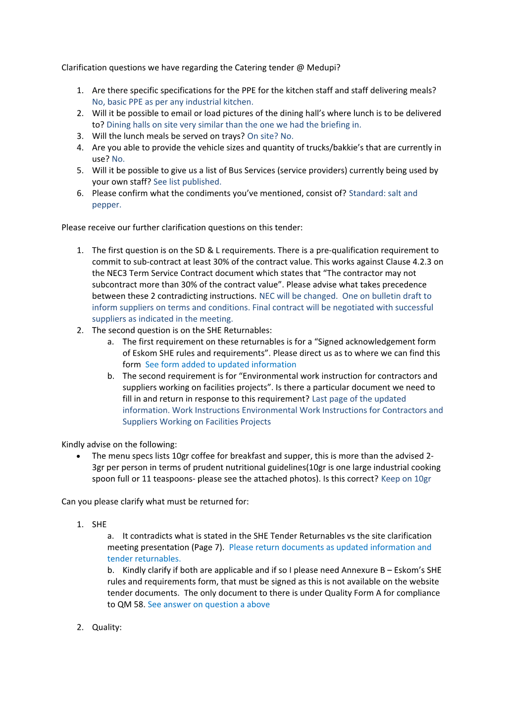 Clarification Questions We Have Regarding the Catering Tender Medupi?