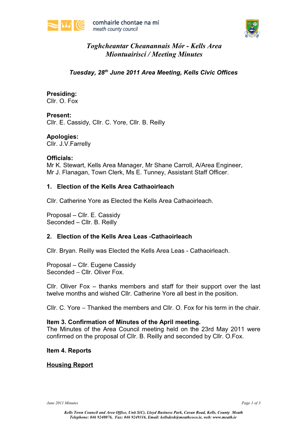 Tuesday, 28Th June 2011 Area Meeting, Kells Civic Offices