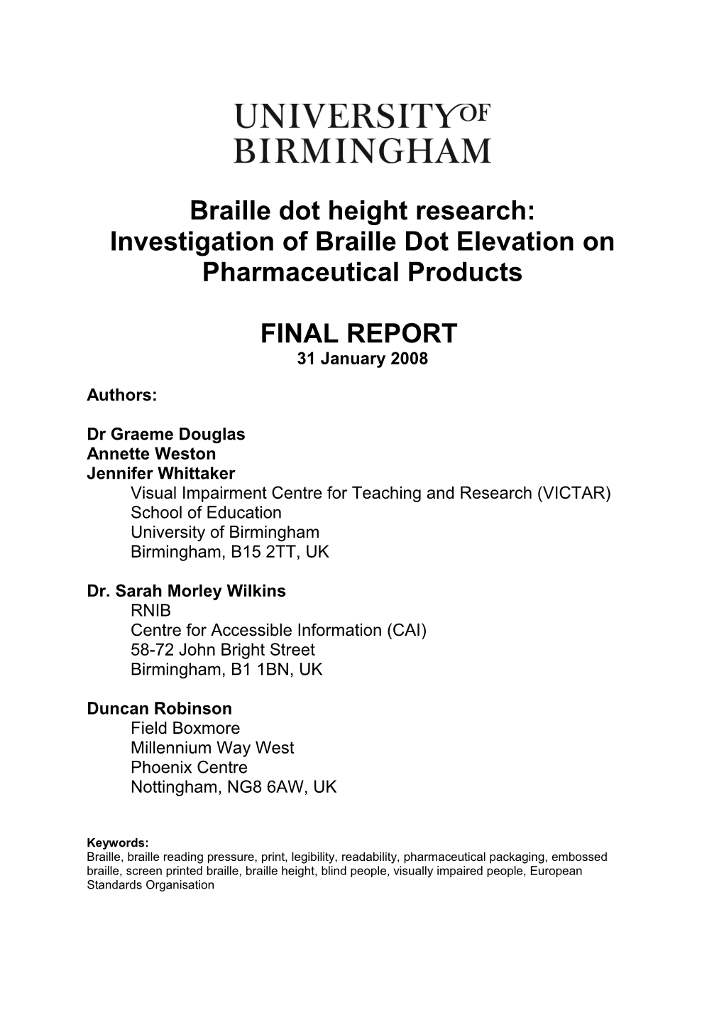 Braille Dot Height Study - Final Report