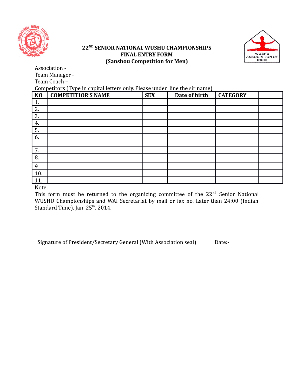 22Nd Senior National Wushu Championships Final Entry Form