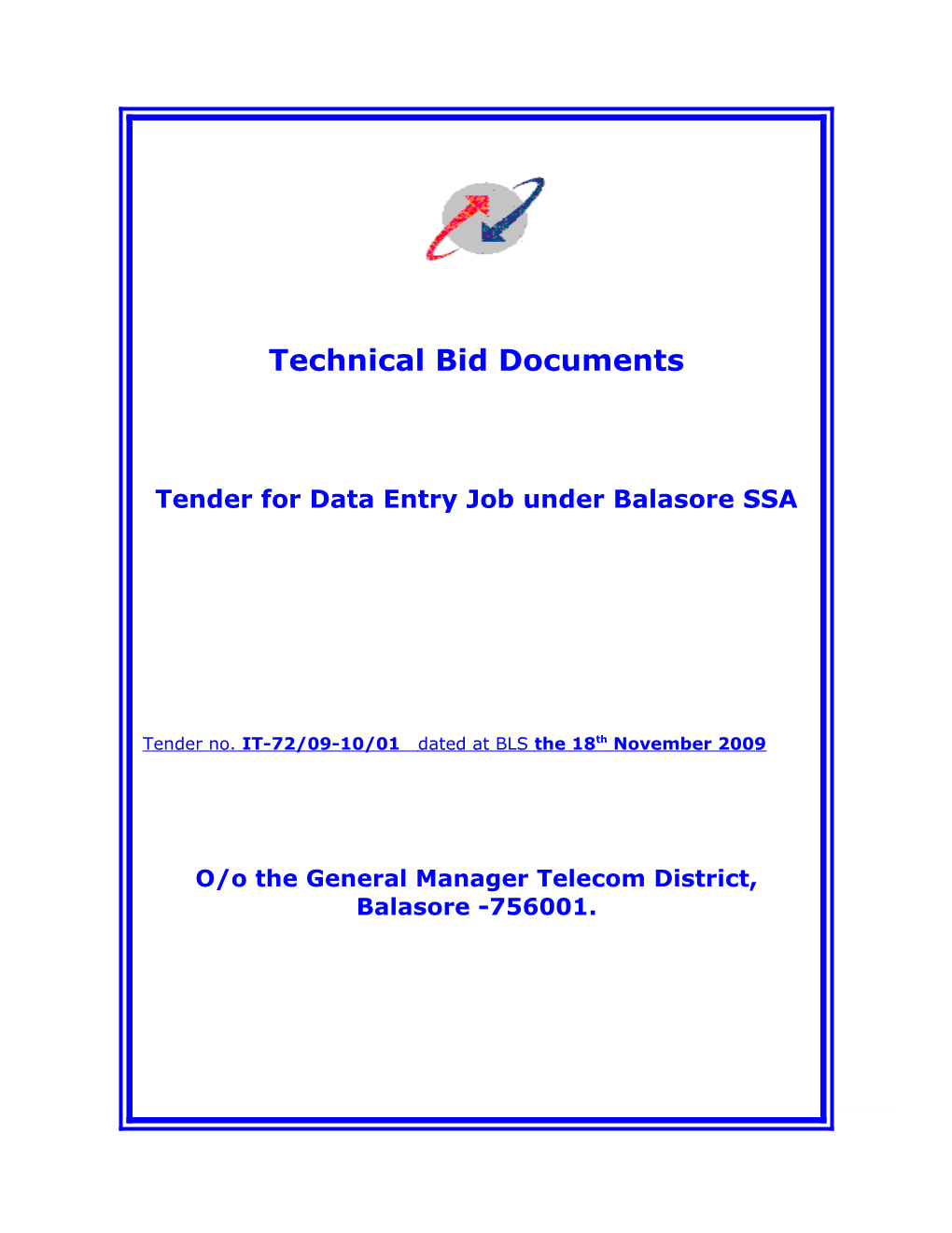 Tender for Data Entry Job Under Balasore SSA