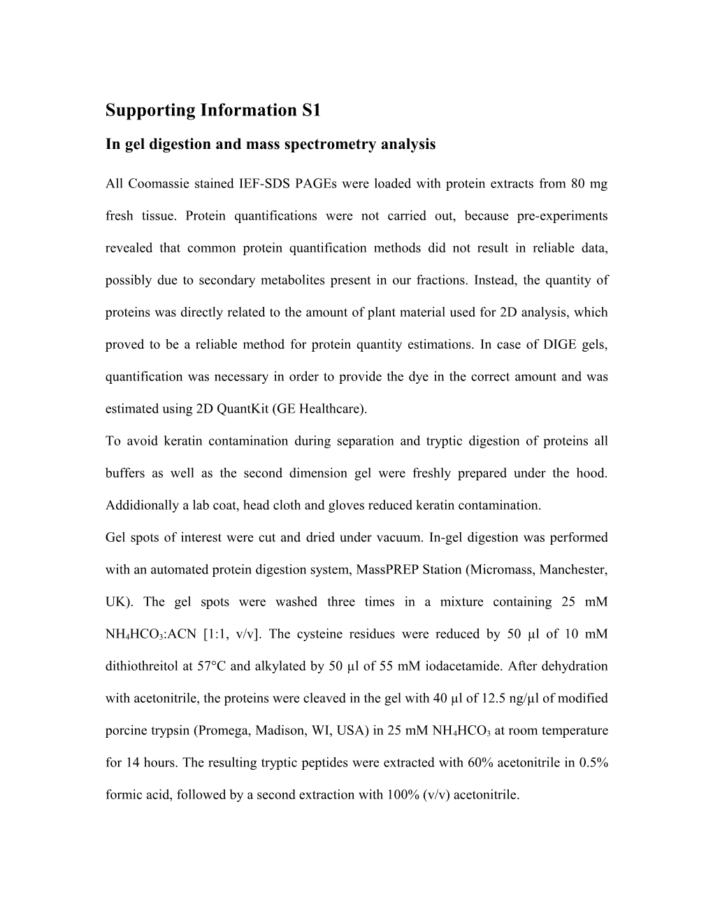 In Gel Digestion and Mass Spectrometry Analysis