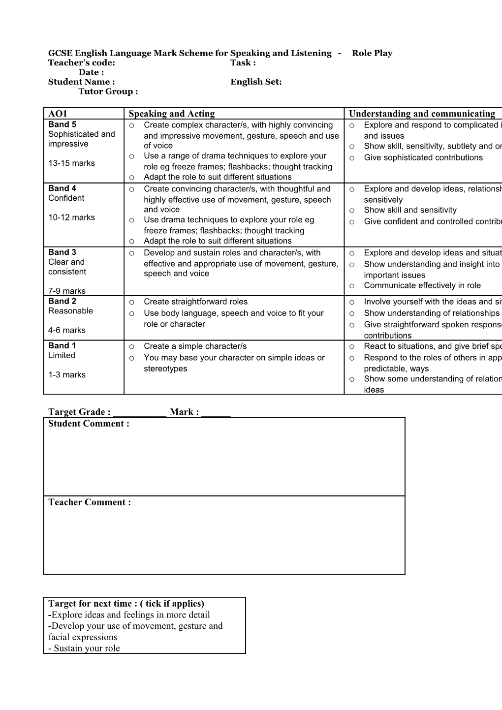 GCSE English Language Mark Scheme for Speaking and Listening - Role Play