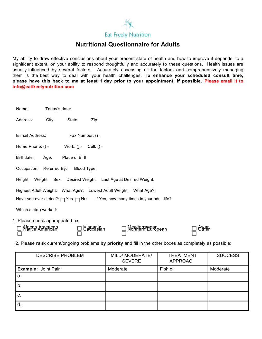 Nutritional Questionnaire for Adults