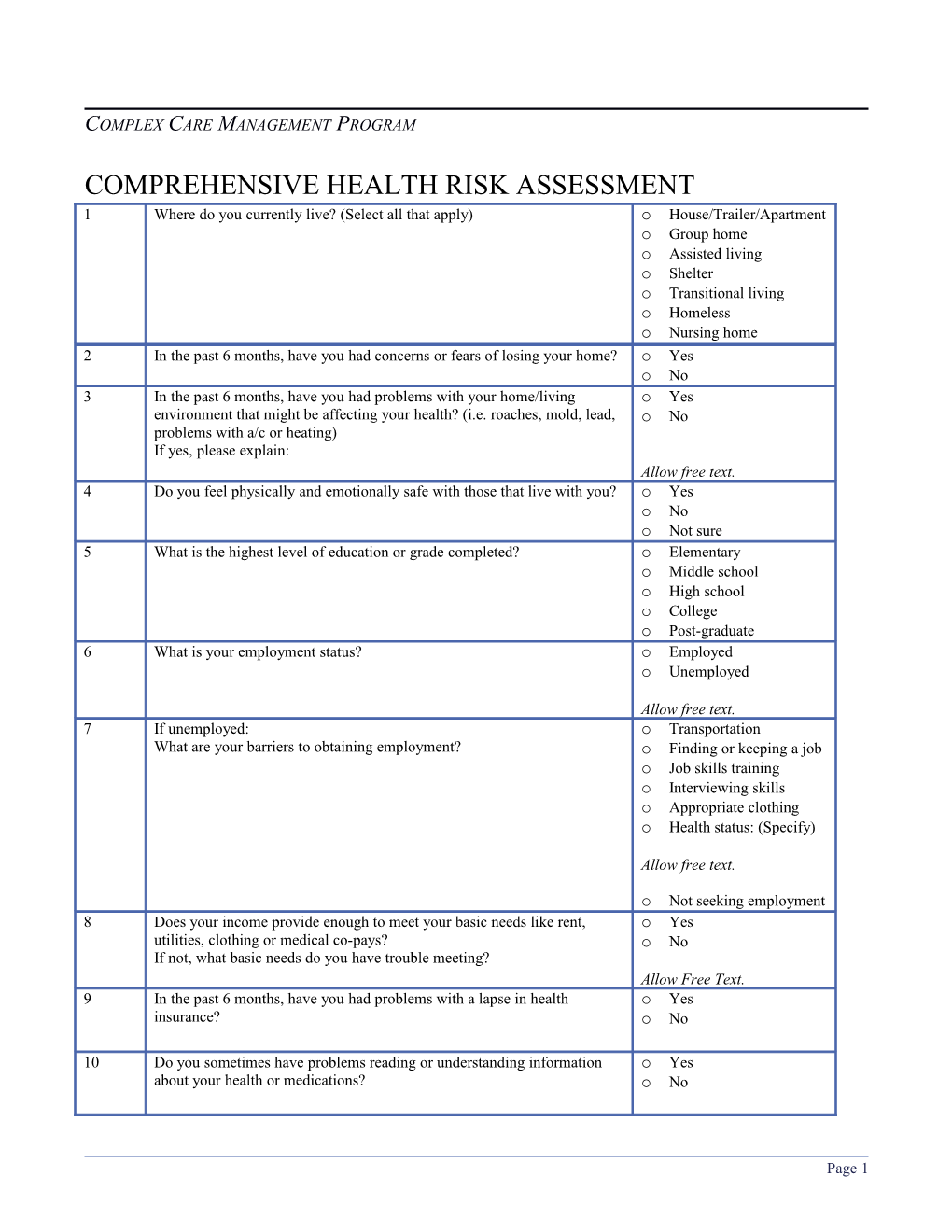 Comprehensive Health Risk Assessment