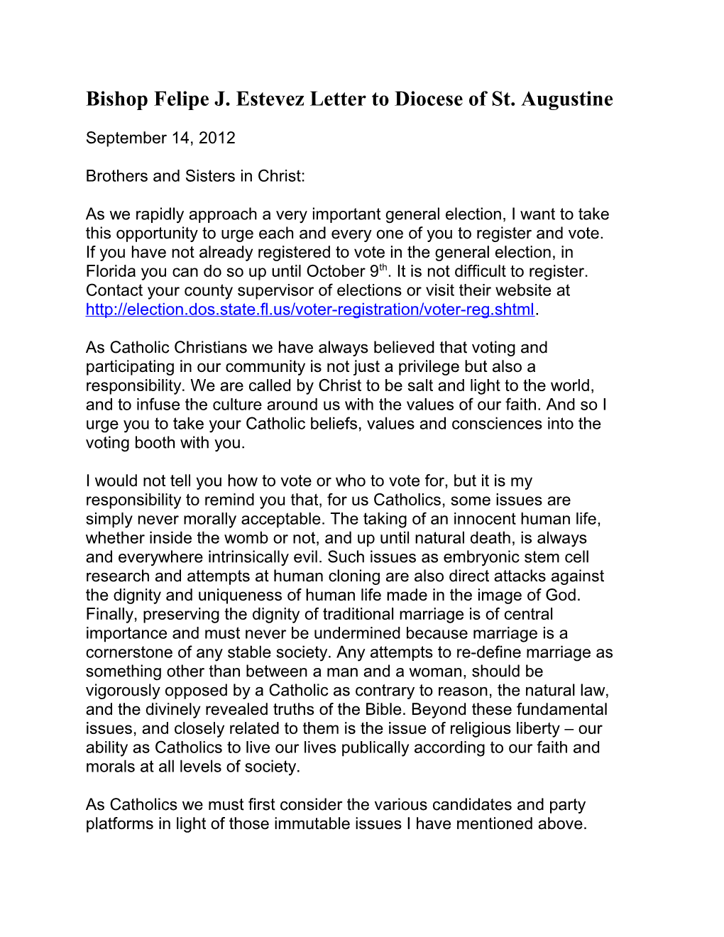 Bishop Felipe J. Estevez Letter to Diocese of St. Augustine