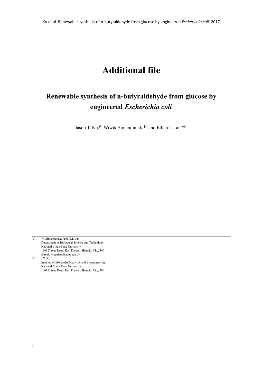 Ku Et Al. Renewable Synthesis of N-Butyraldehyde from Glucose by Engineered Escherichia