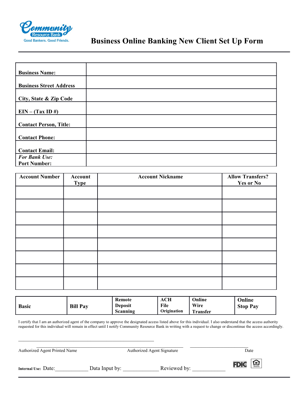 Business Online Banking New Client Set up Form