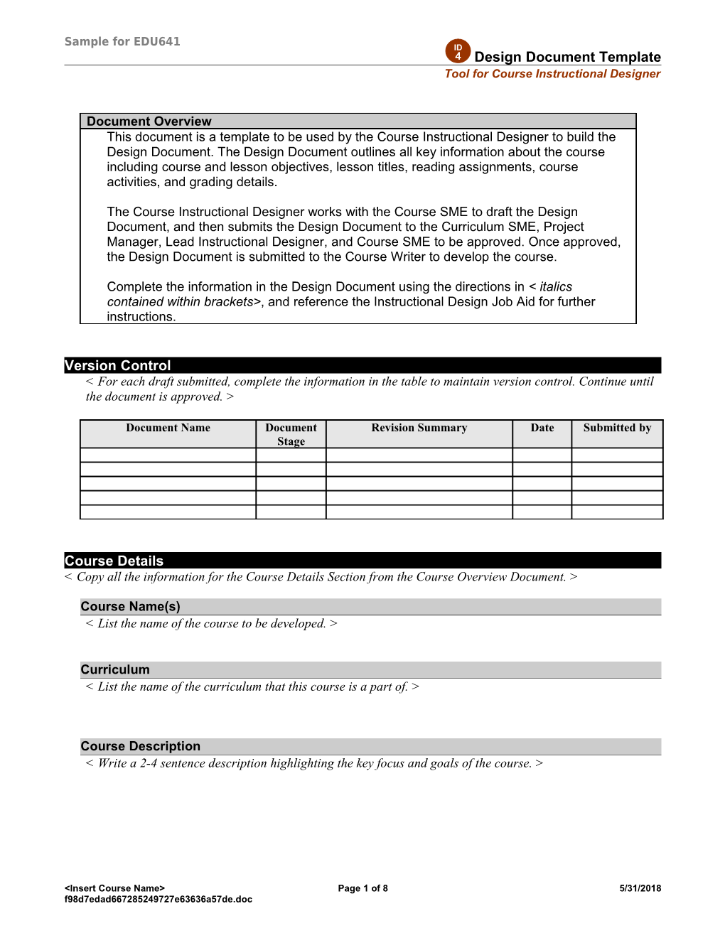 Curriculum Requirements Document Template