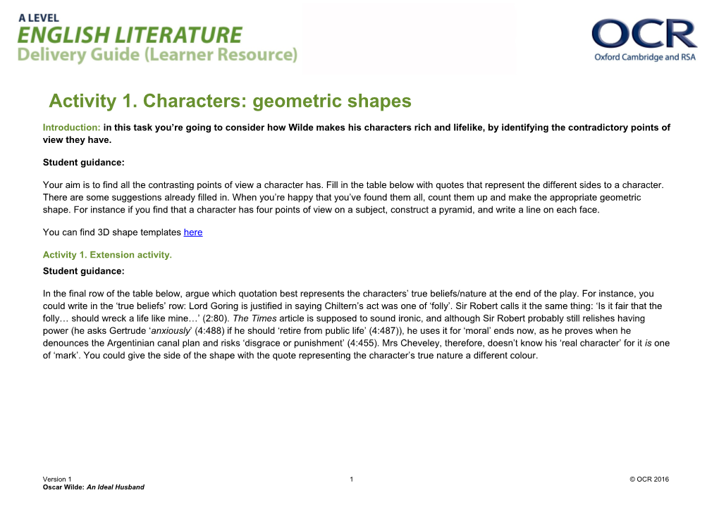 OCR a Level English Literature Delivery Guide Learner Resource Activity 1 - Characters