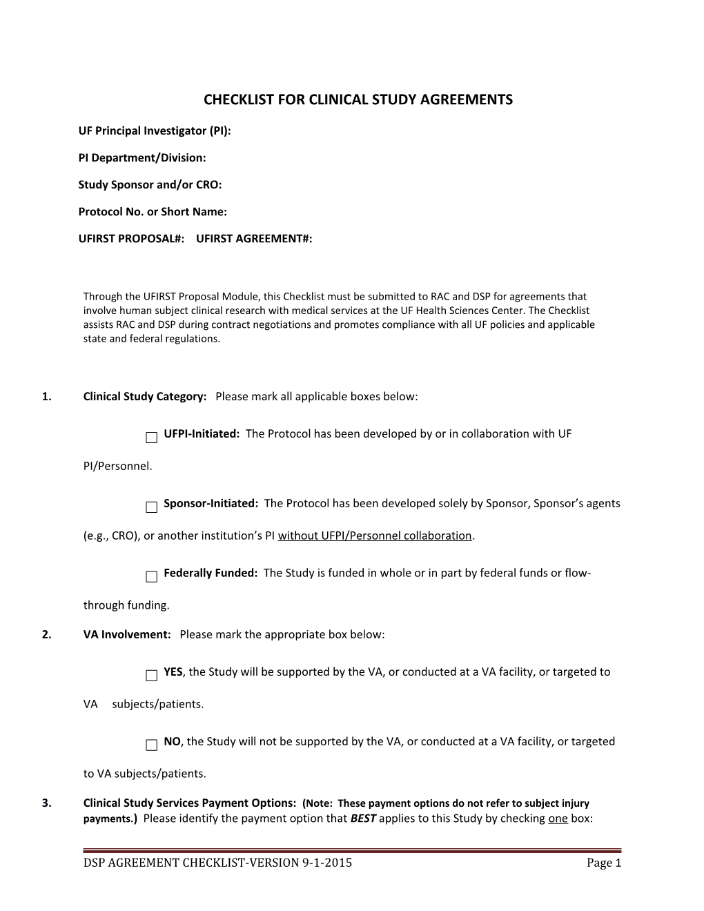 Checklist for Clinical Studyagreements