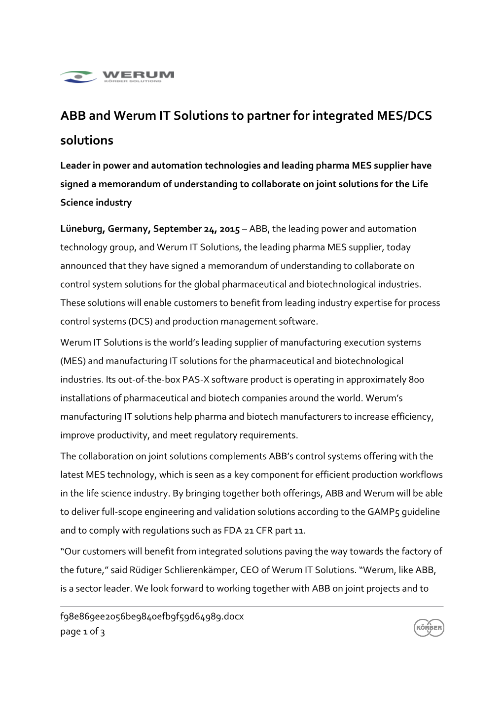 Leader in Power and Automation Technologies and Leading Pharma MES Supplier Have Signed