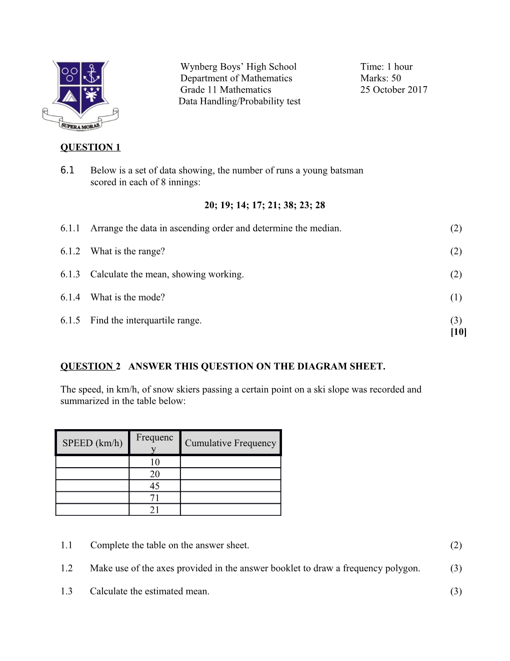 Gr 11 Data Handling/ Number Patterns Assignment