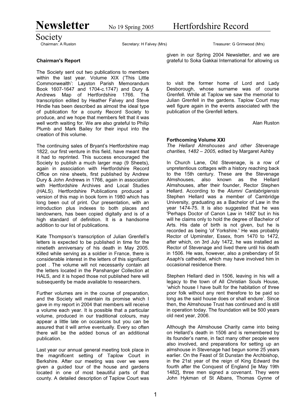 Newsletter No 17 Spring 2003 Hertfordshire Record Society