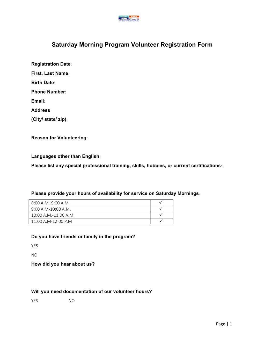 Saturday Morning Program Volunteer Registration Form