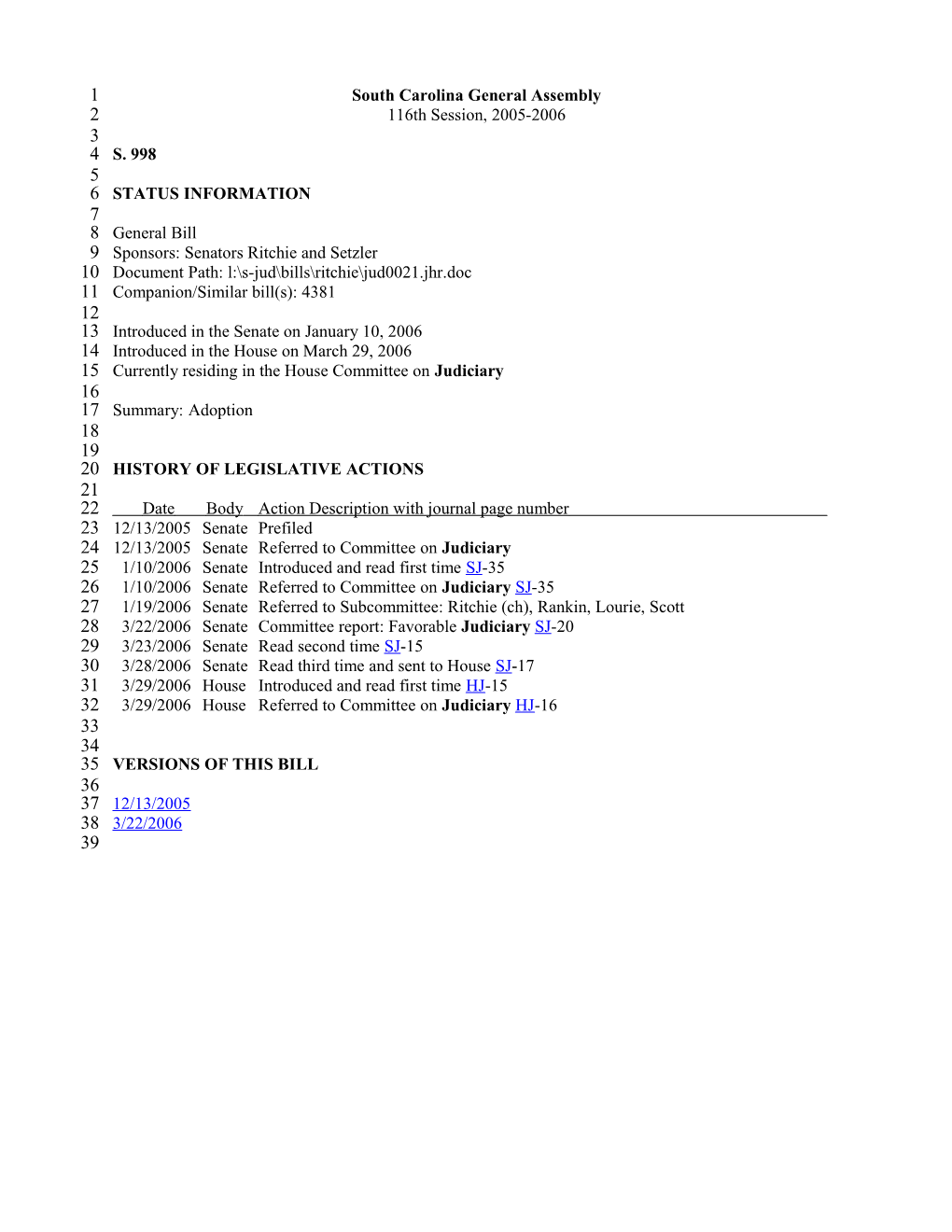 2005-2006 Bill 998: Adoption - South Carolina Legislature Online