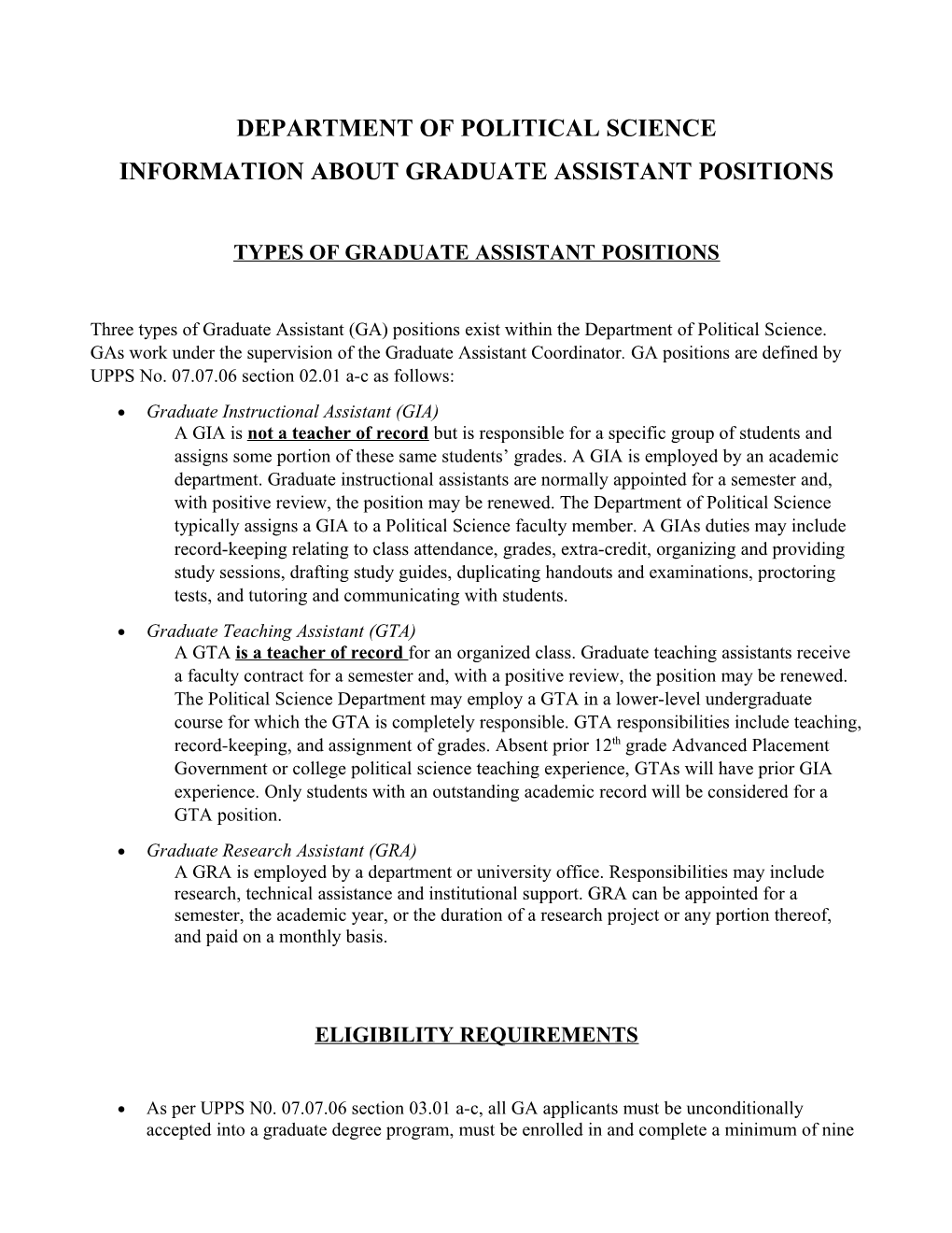 Information About Graduate Assistant Positions