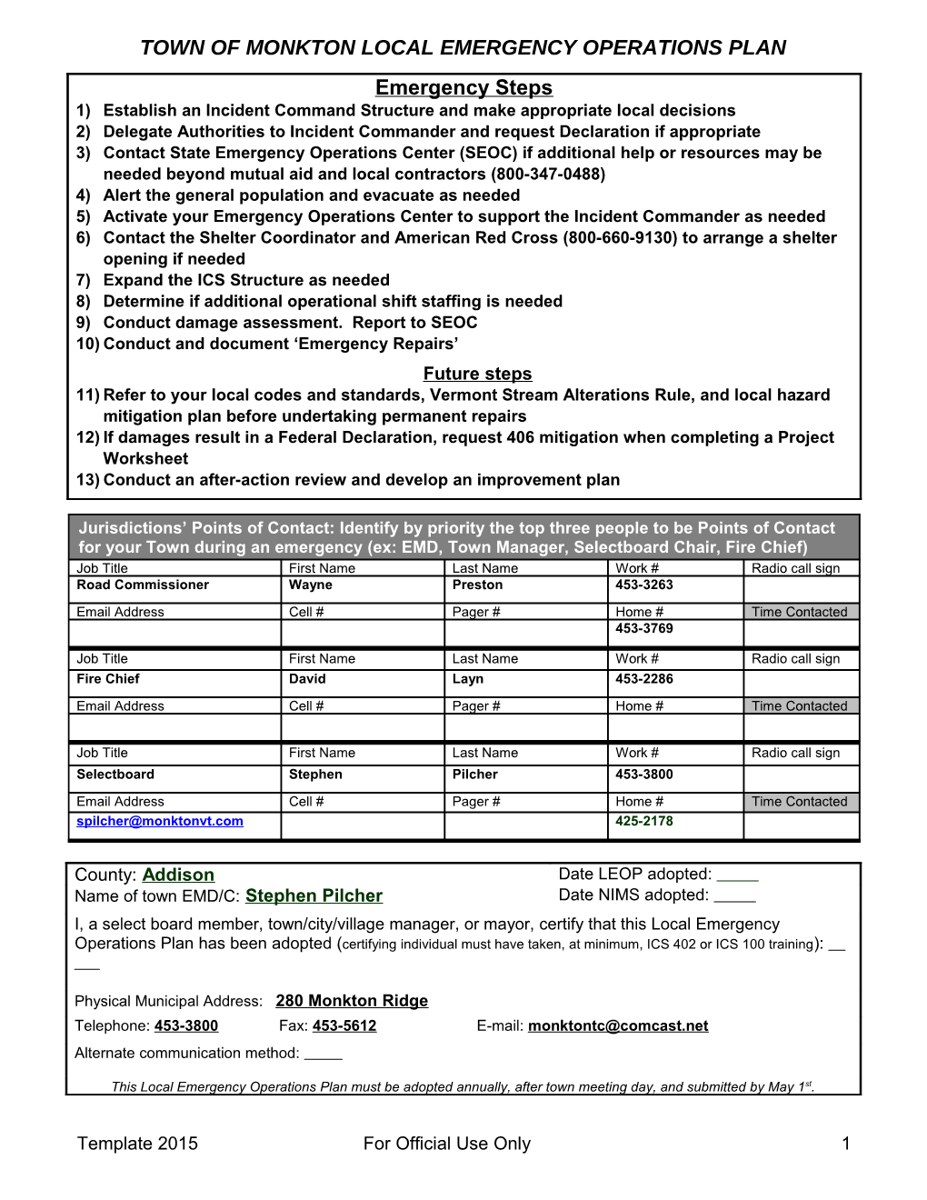 Town of Monkton Local Emergency OPERATIONS PLAN