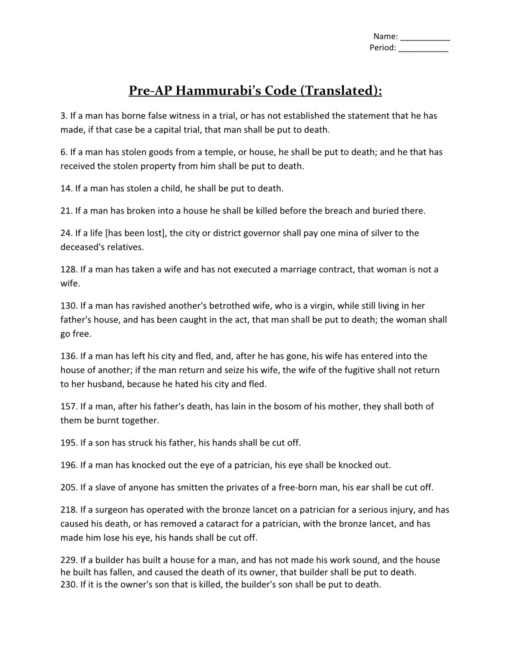 Pre-AP Hammurabi S Code (Translated)