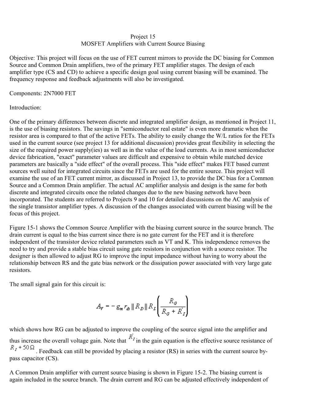 Project 15 MOSFET Amplifiers with Current Source Biasing
