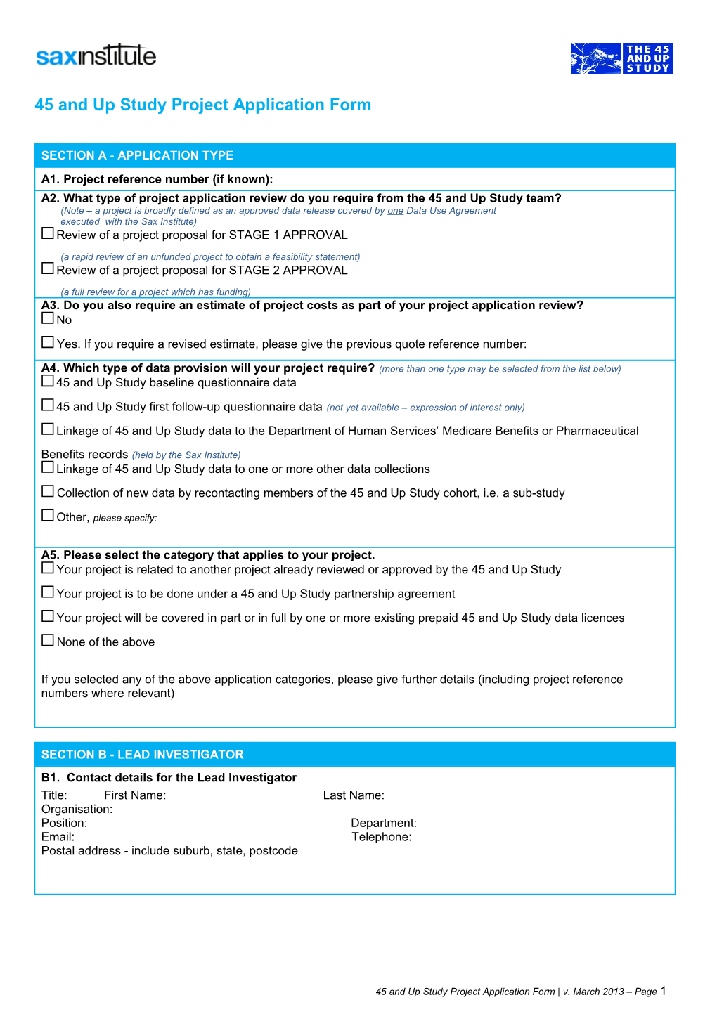 45 and up Study Project Application Form