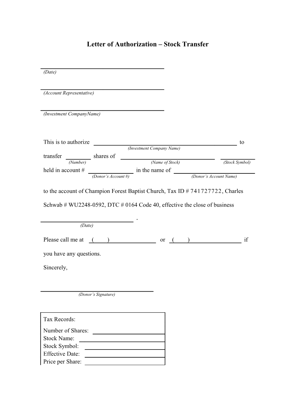 Letter of Authorization Stock Transfer