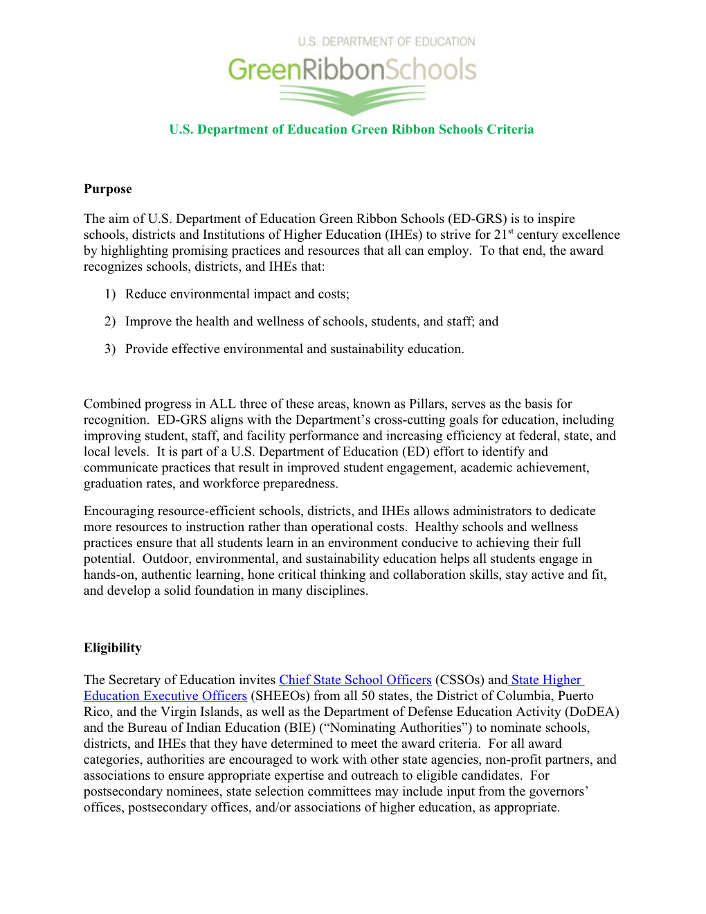 U.S. Department of Education Green Ribbon Schools Criteria (MS Word)