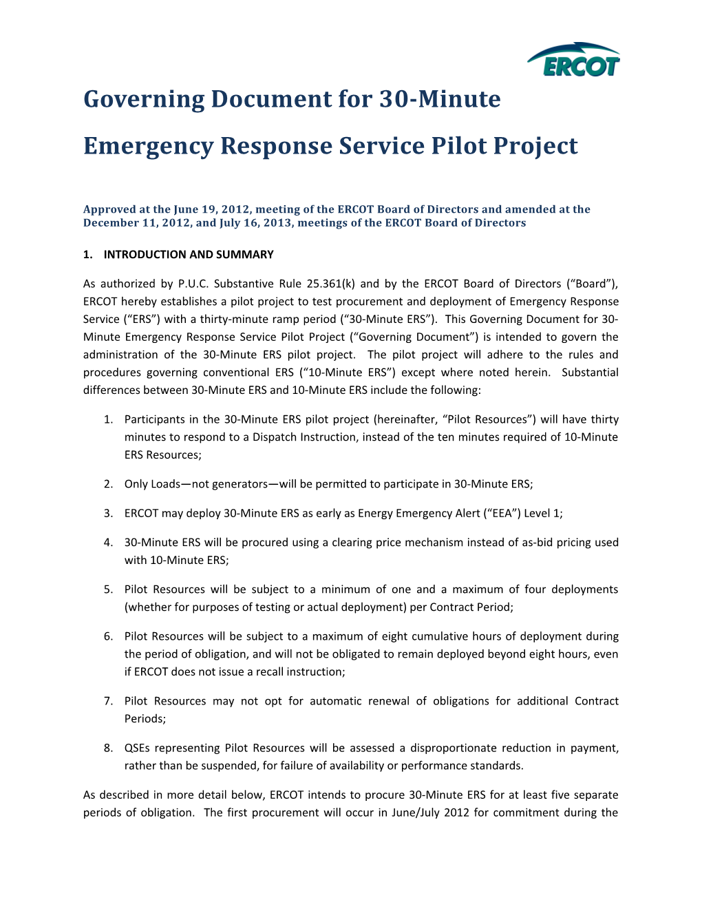 Governing Document for 30-Minute ERS Pilot Project