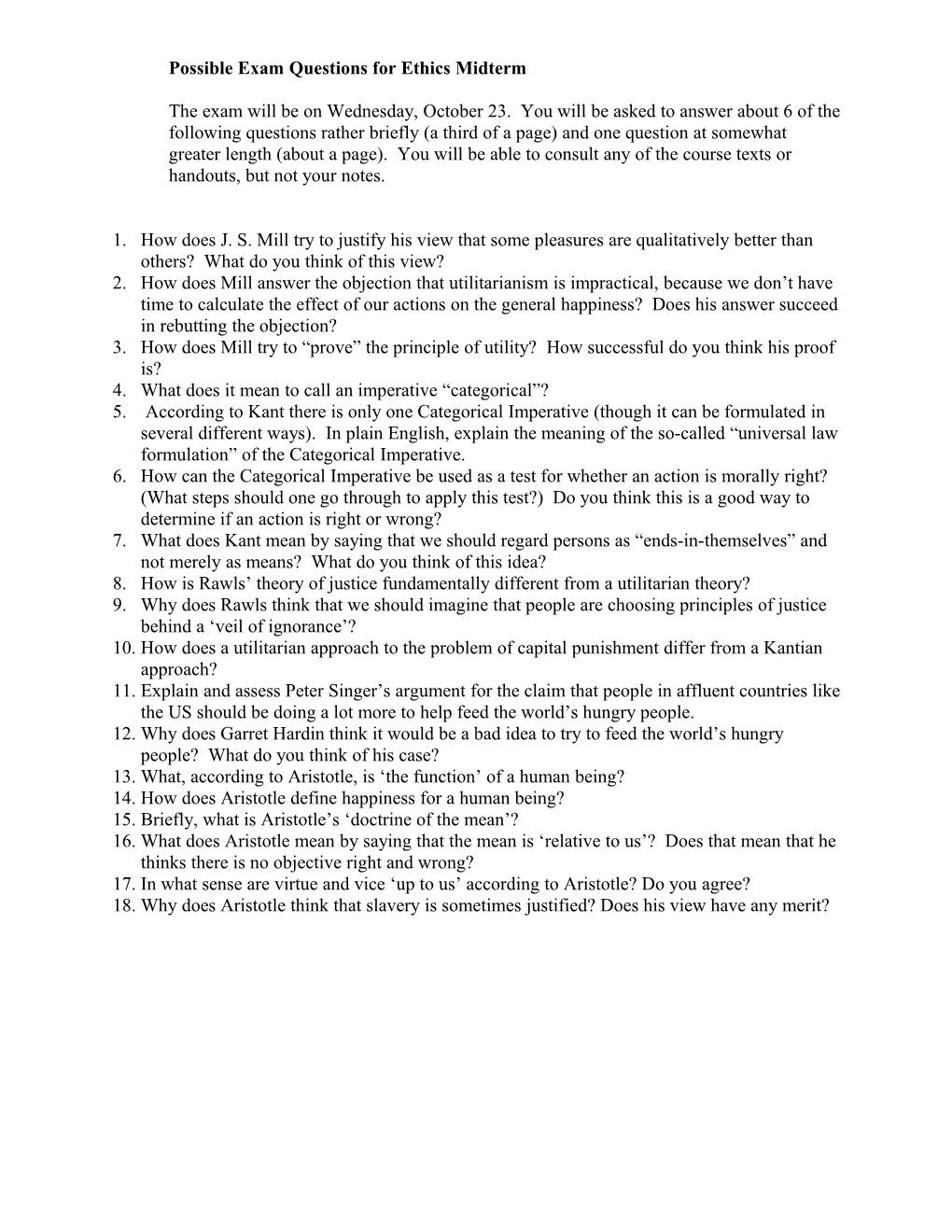 Possible Exam Questions for Ethics Midterm