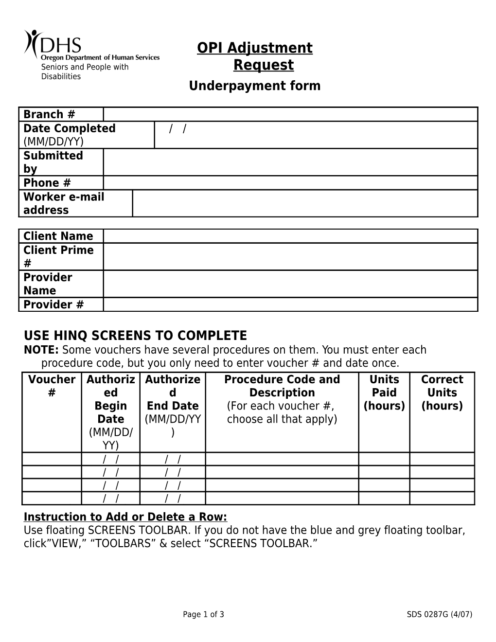 HCW Underpayment Form