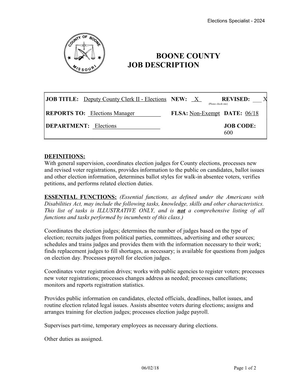 Deputy County Clerk II - Elections