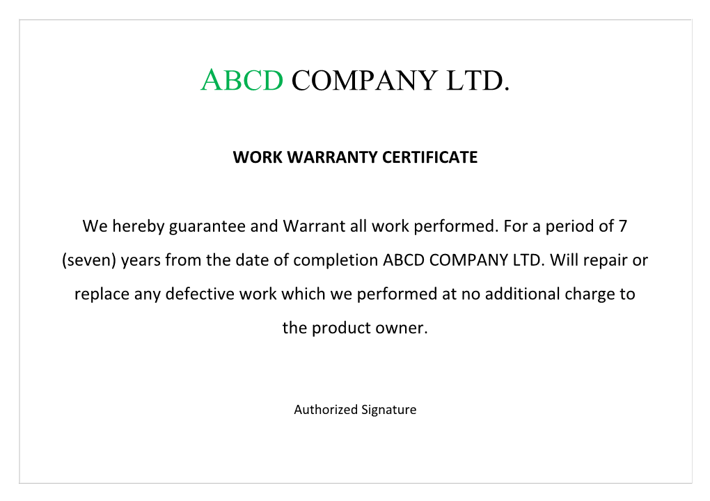 Work Warranty Certificate