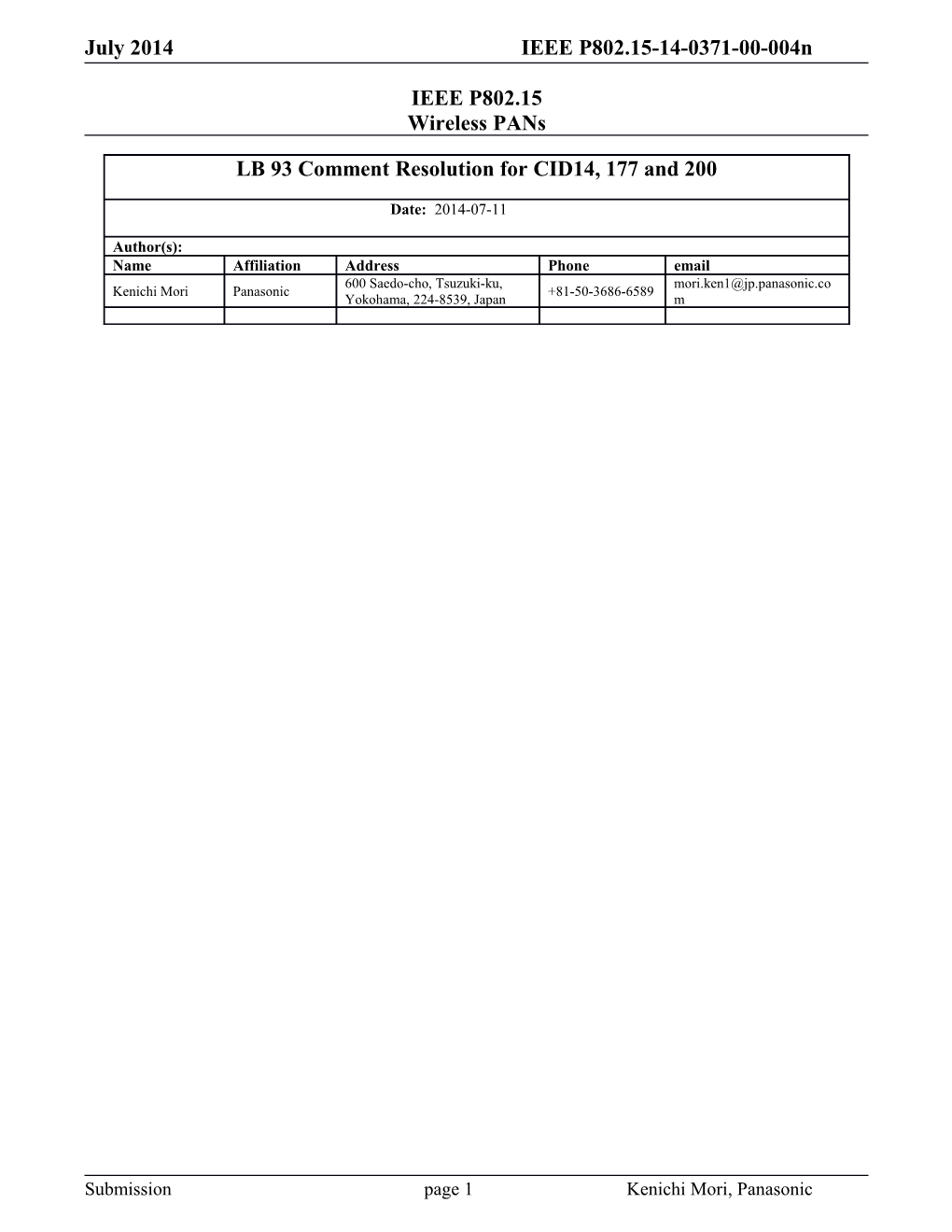 IEEE P802.15 Wireless Pans