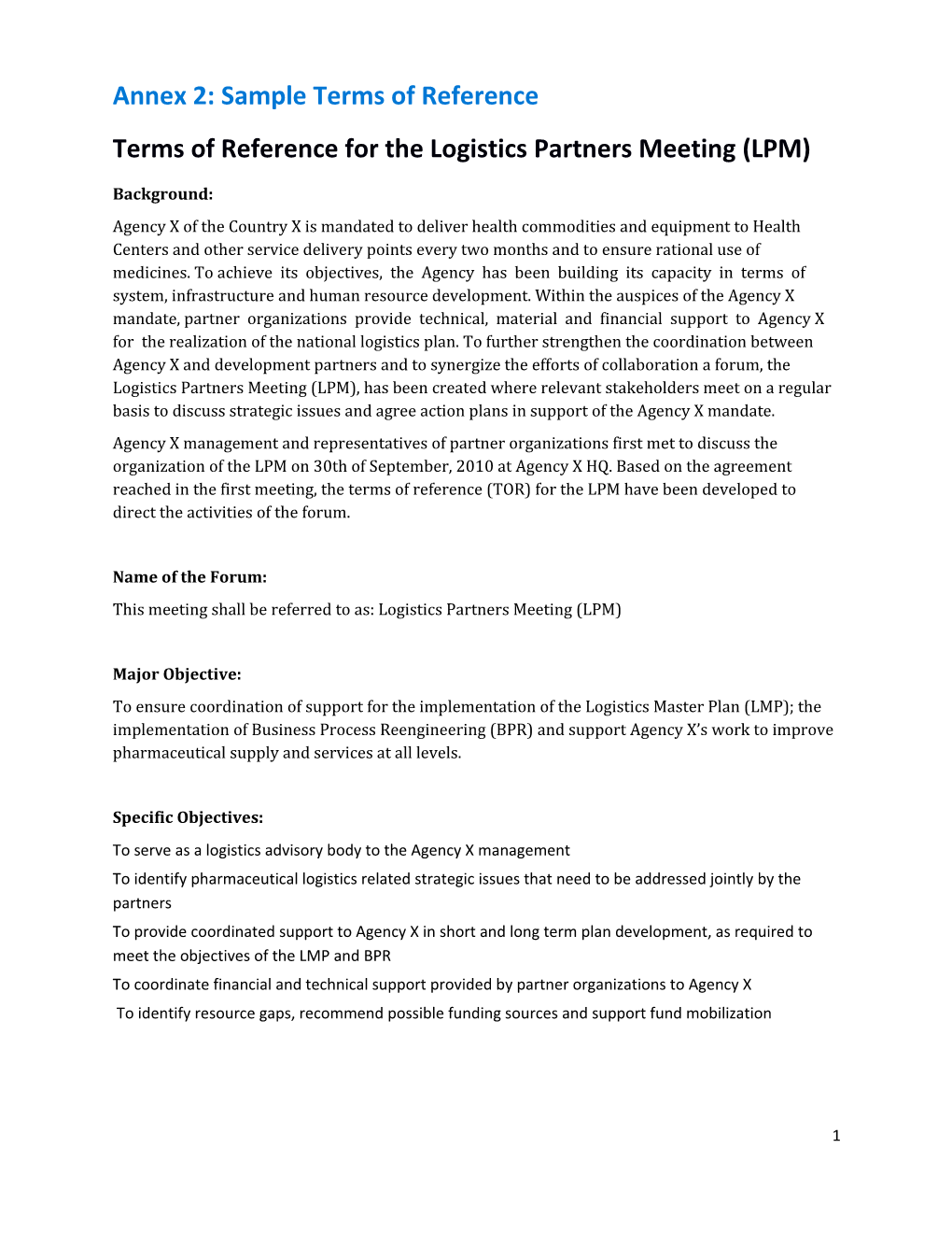 Sample Terms Of Reference For The Logistics Partners Meeting