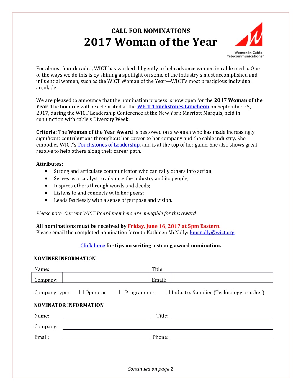 Woman of the Year Nomination Form Page 2