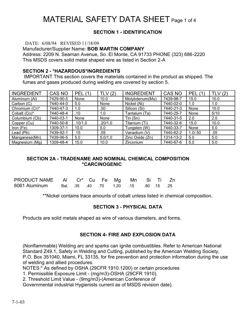 MATERIAL SAFETY DATA SHEET Page 1 of 4