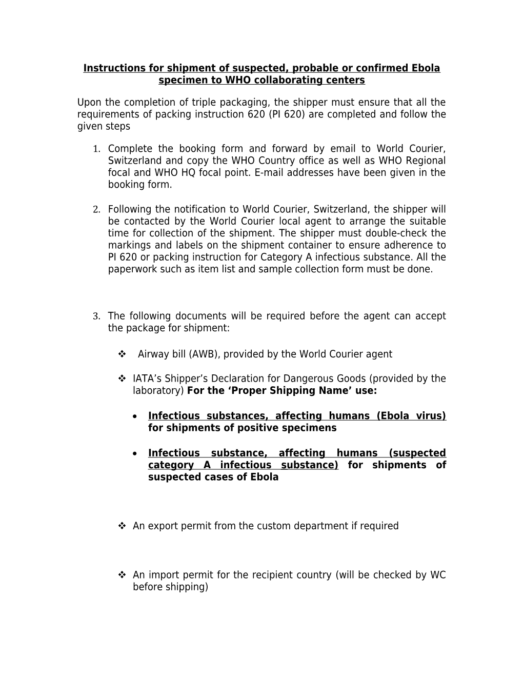 Instructions for Shipment of Suspected, Probable Or Confirmed Ebola Specimen to WHO