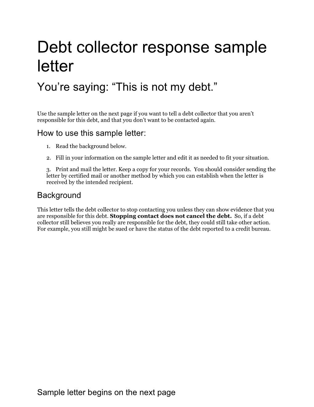 Debt Collector Response Sample Letter